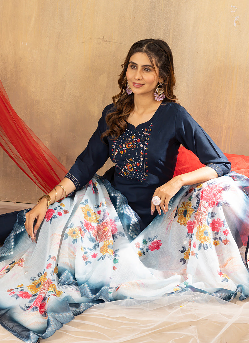 Blue Viscose Silk Thread Embroidered Kurta Set