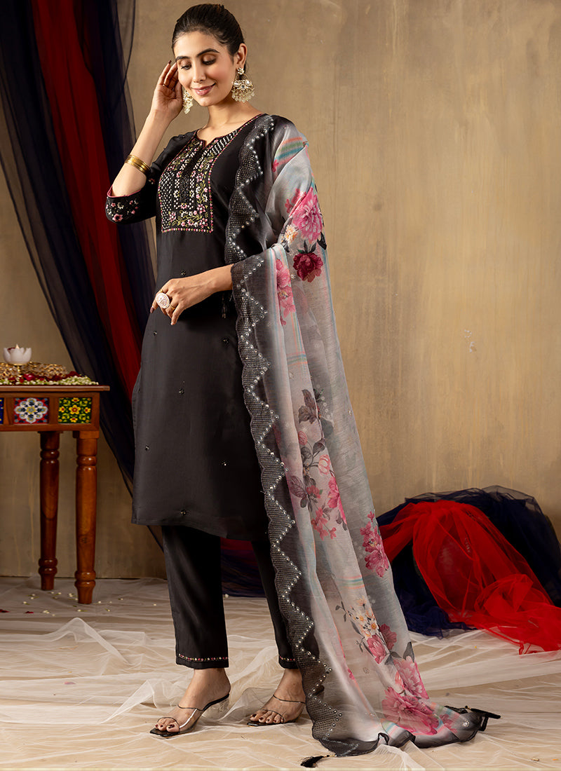Black Roman Silk Thread Work Salwar Set For Festive