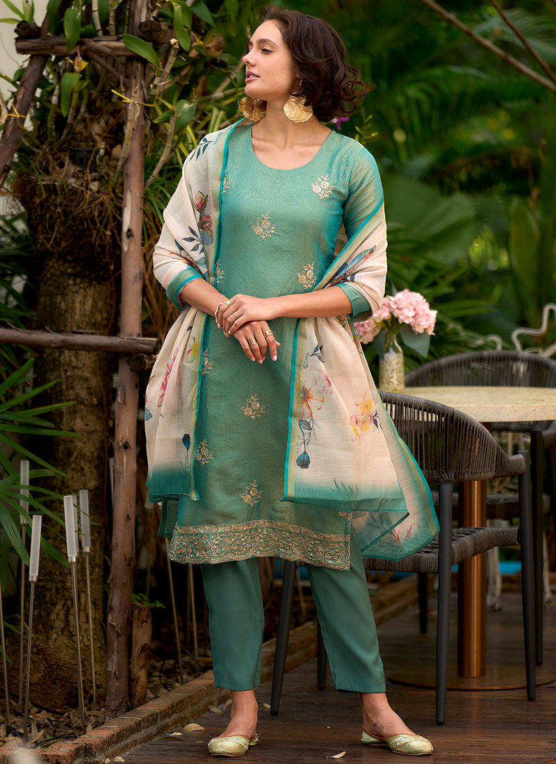 Sea Green Tissue Kurta With Trouser And Dupatta