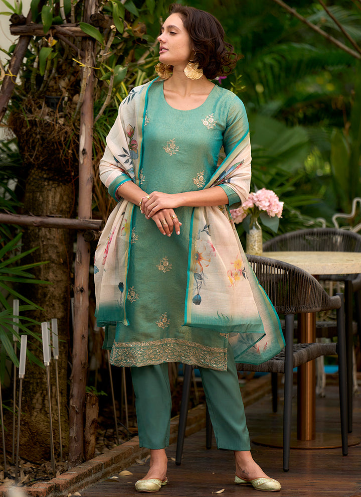 Sea Green Tissue Kurta With Trouser And Dupatta