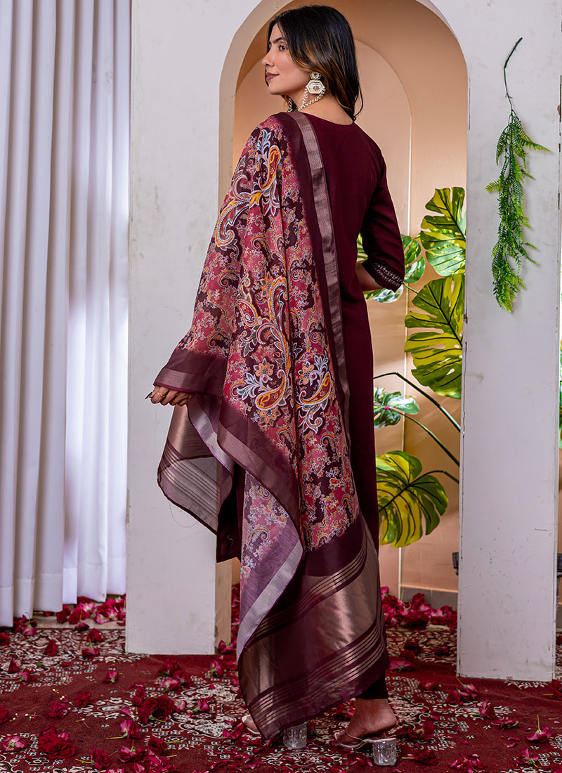 Wine Viscose Silk Embroidered V-Neck Salwar Suit