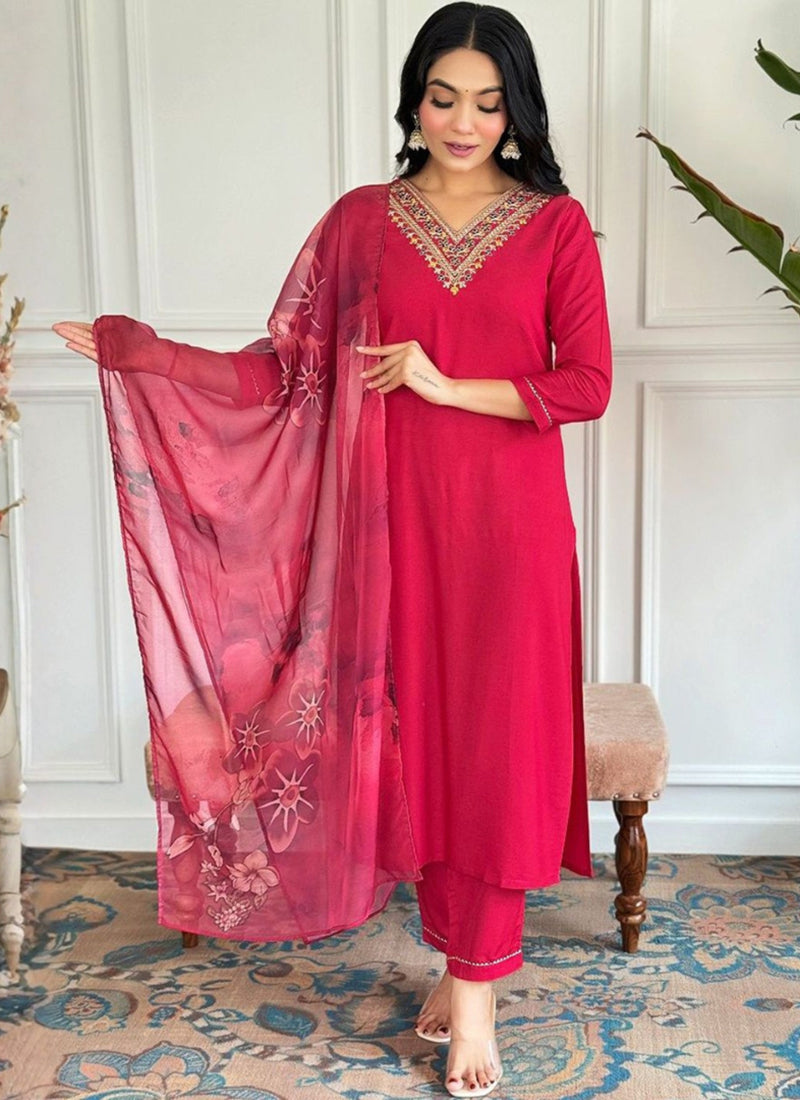 Hot Pink Embroidered Rayon Straight Kurta Set