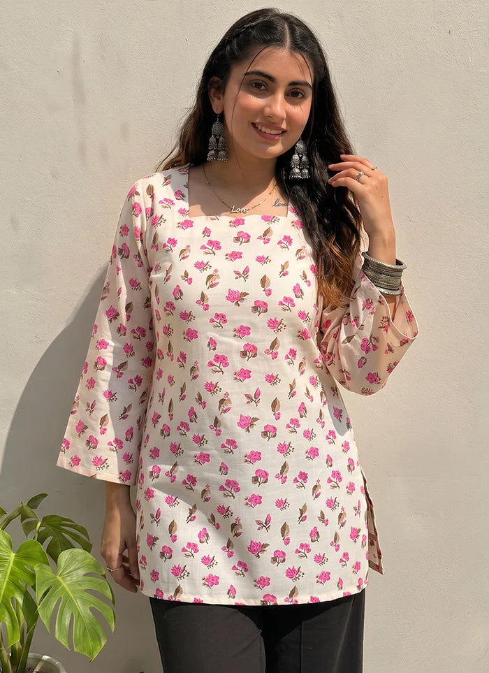Off White Floral Printed Cotton Officewear Kurti