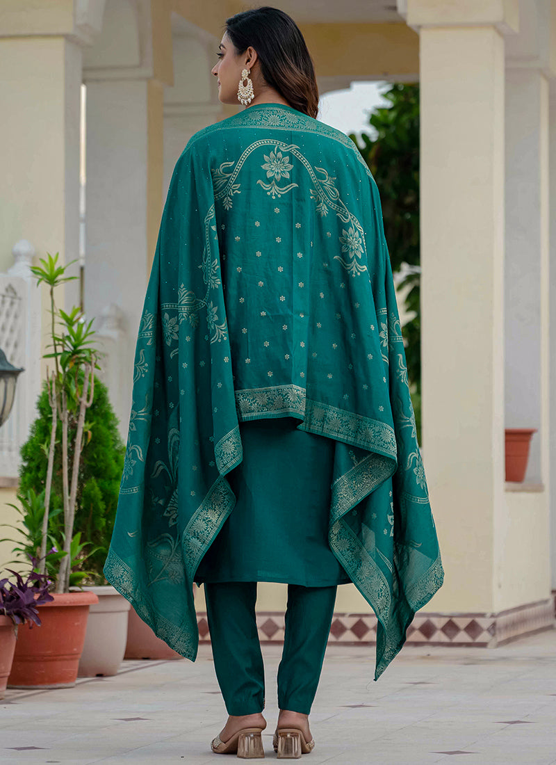 Rama Green Roman Silk Embroidered Festive Kurta Set