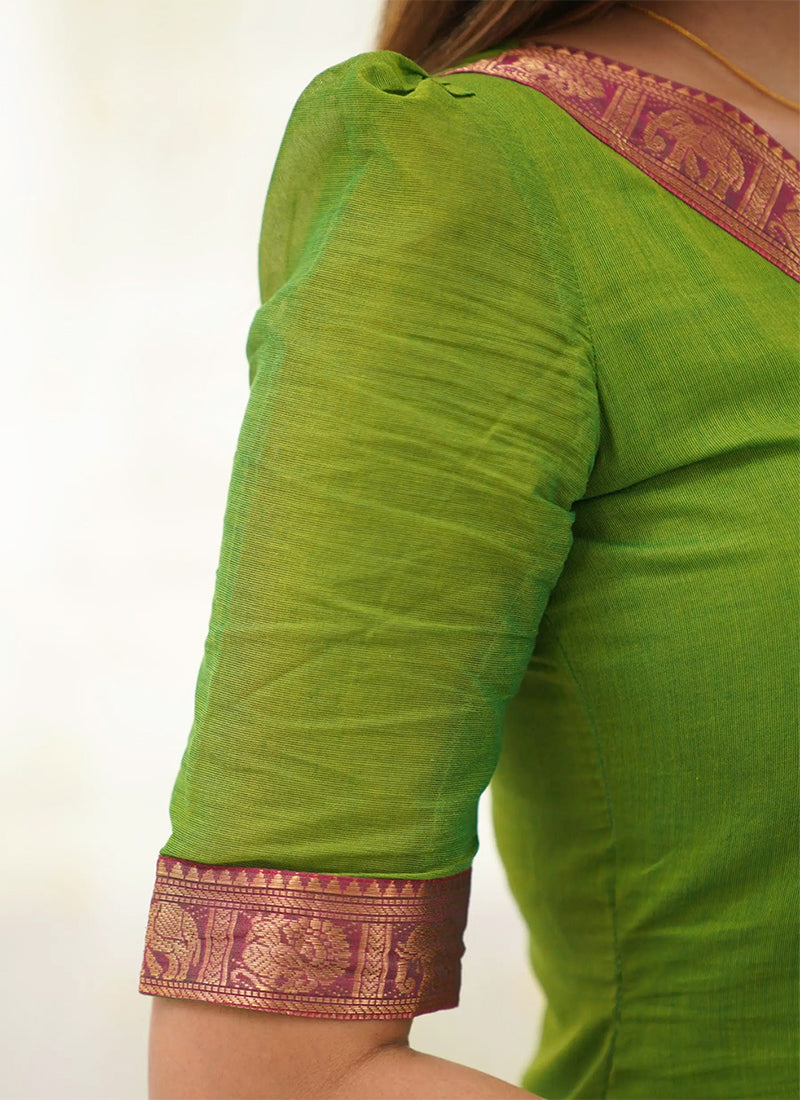 Leaf Green Kanchi Cotton Woven V-Neck Casual Kurta And Dupatta