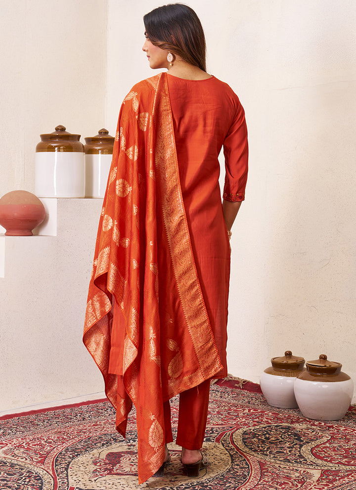 Rust Roman Silk Embroidered Festive Kurta Set