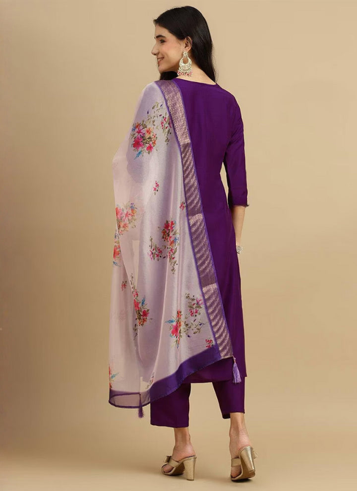 Purple Rayon Embroidered Straight Kurta Set