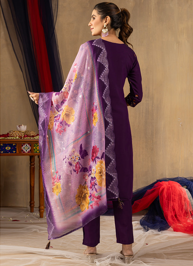 Purple Roman Silk Thread Work Salwar Set For Ceremonial