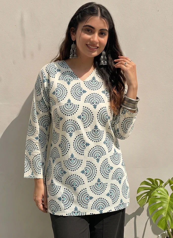 Off White Cotton Printed Office Wear Kurti