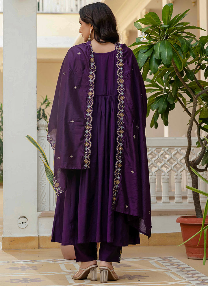 Purple Viscose Roman Silk Layered Kurta Set