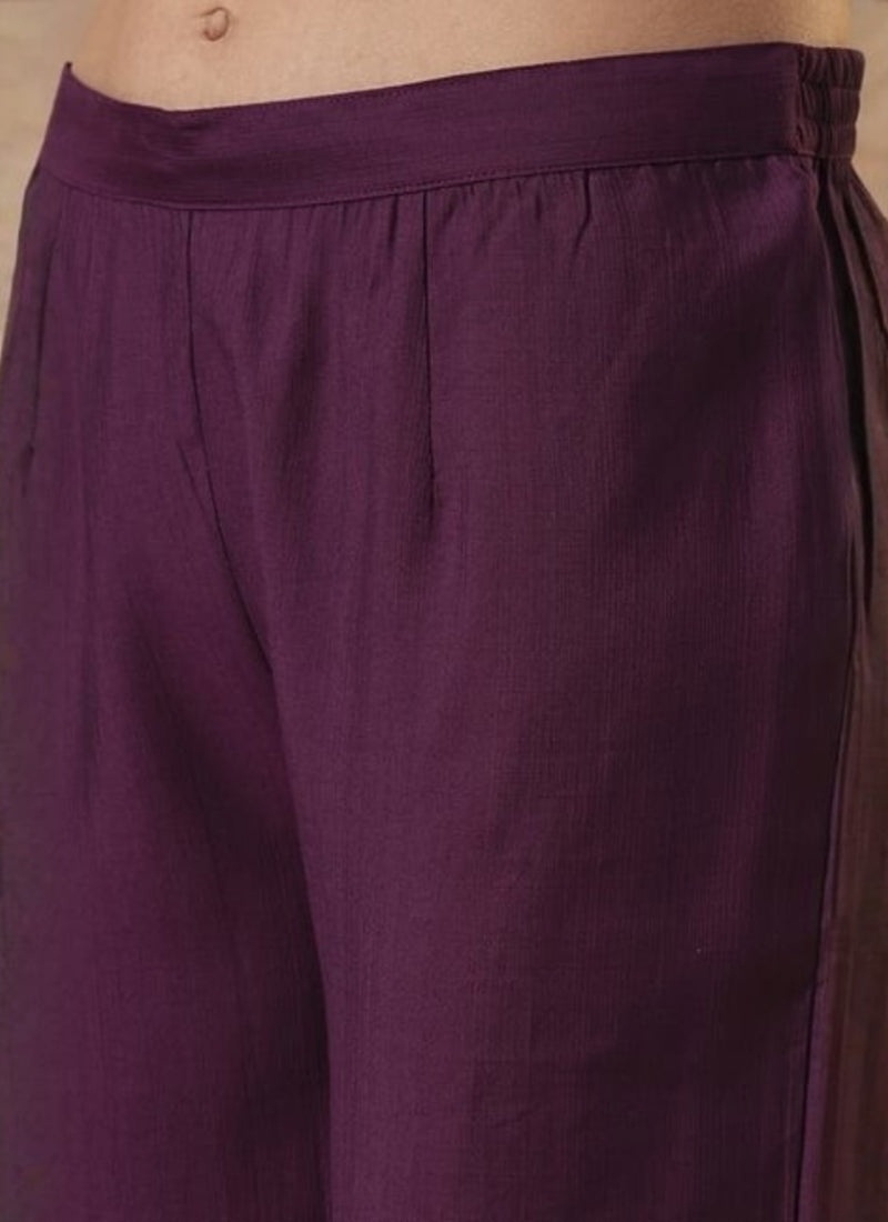 Wine Embroidered Cottton Straight Kurta Set