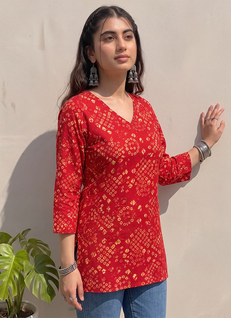 Red Cotton Bandhej Printed Outwear Kurti