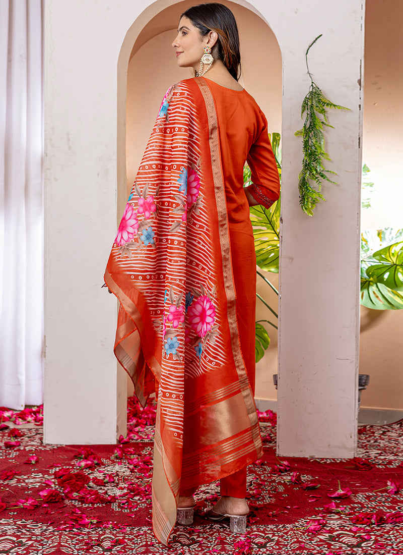 Orange V-Neck Viscose Silk Embroidered Salwar Suit