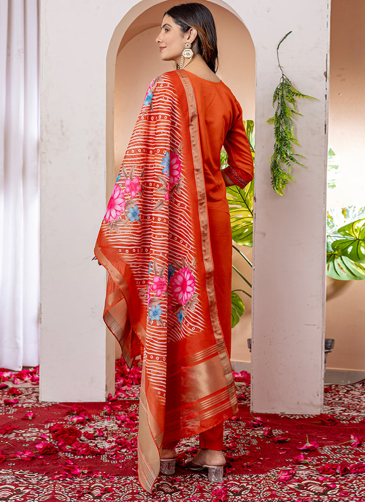 Orange V-Neck Viscose Silk Embroidered Salwar Suit
