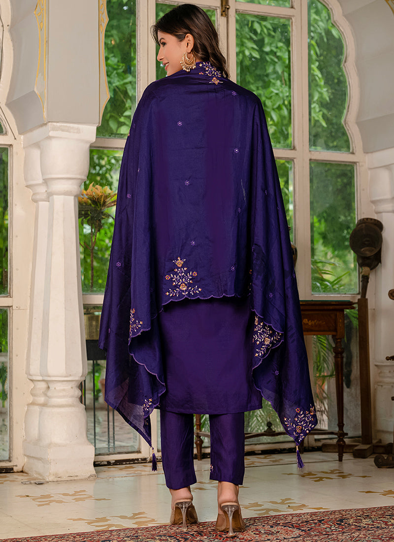 Violet Embroidered Marina Silk Festive Kurta Set