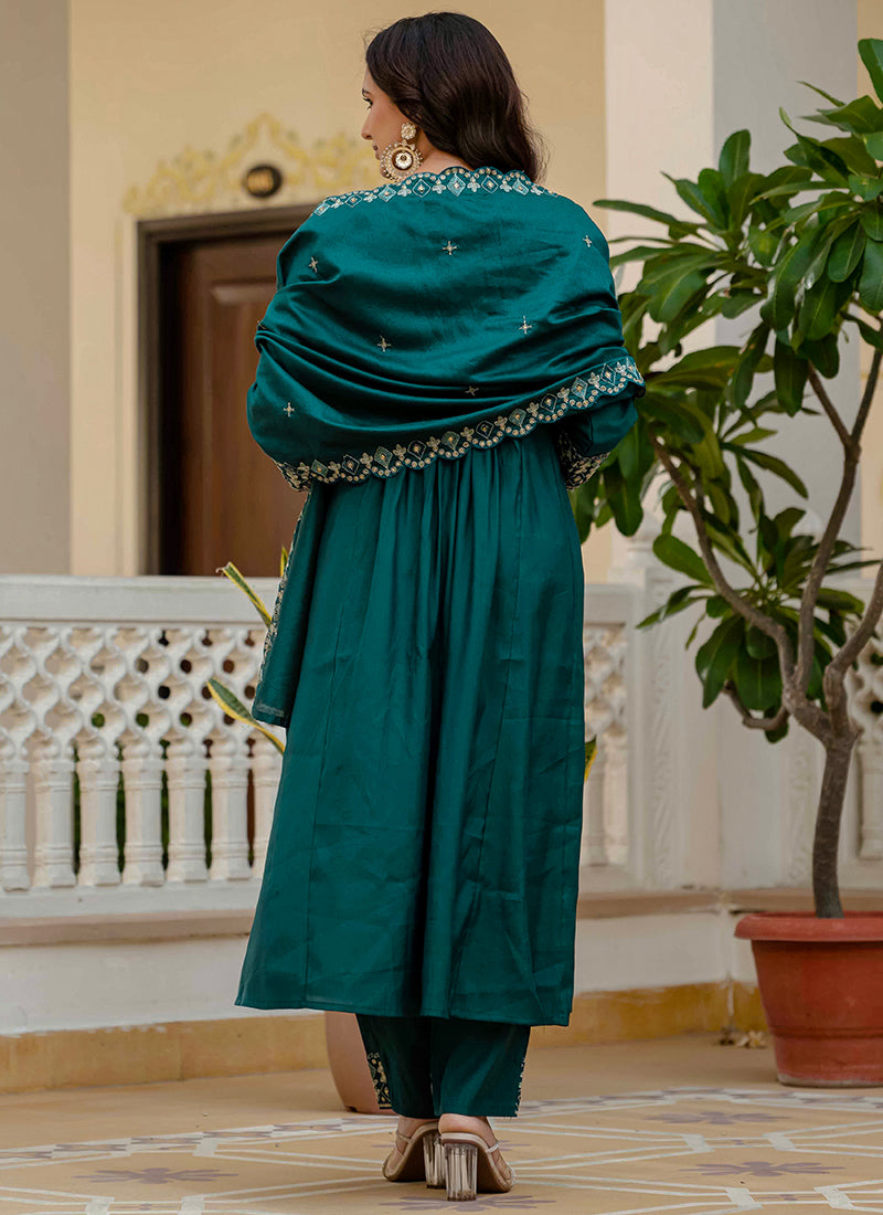Teal Viscose Roman Silk Layered Kurta Set