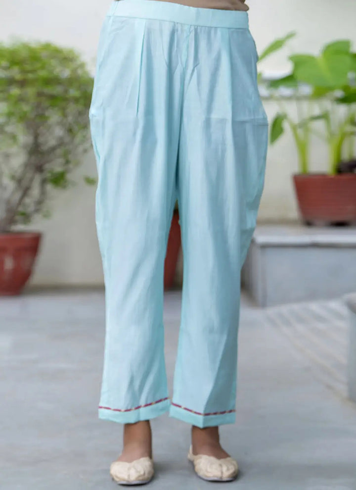 Aqua Blue Cotton Embroidered Festive Wear Kurta Set