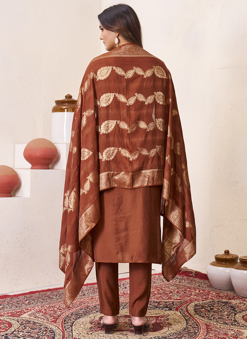 Brown Roman Silk Embroidered Ceremonial Kurta Set
