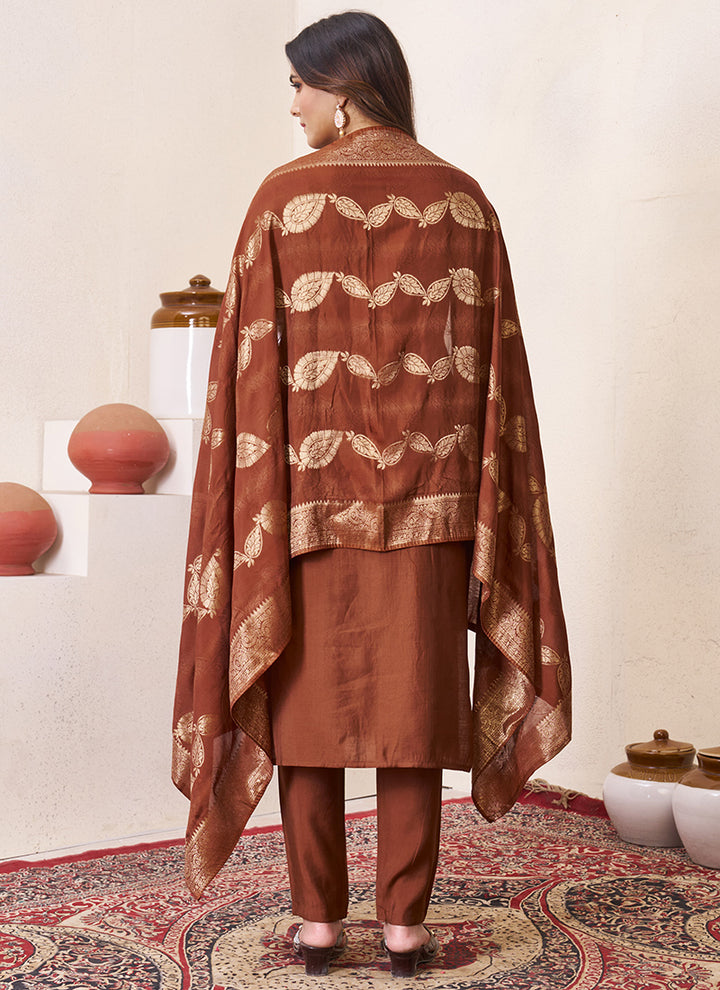 Brown Roman Silk Embroidered Ceremonial Kurta Set