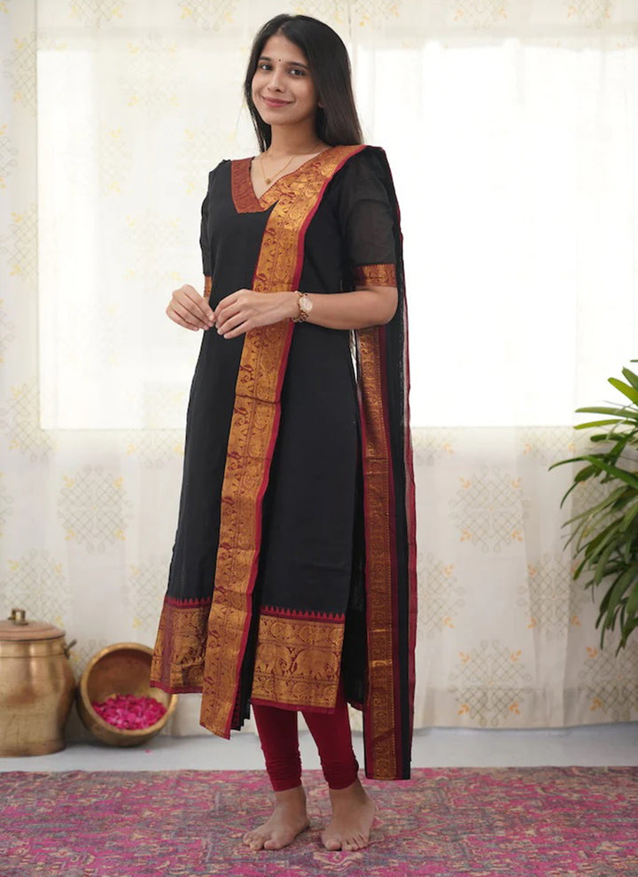 Black Kanchi Cotton Woven V-Neck Casual Kurta And Dupatta