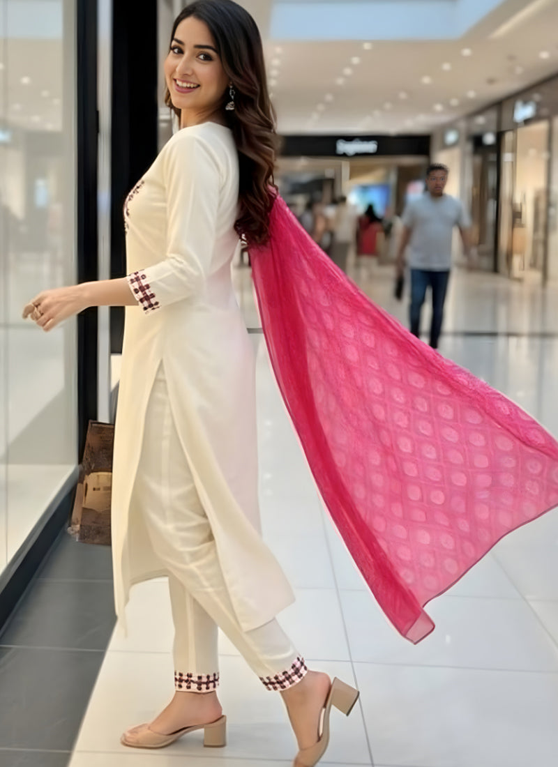 White Rayon Embroidered Straight Kurta Set