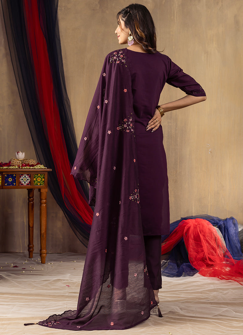 Wine Thread Embroidered Roman Silk Kurta Set
