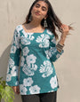 Teal Green Floral Printed Square Neck Cotton Kurti