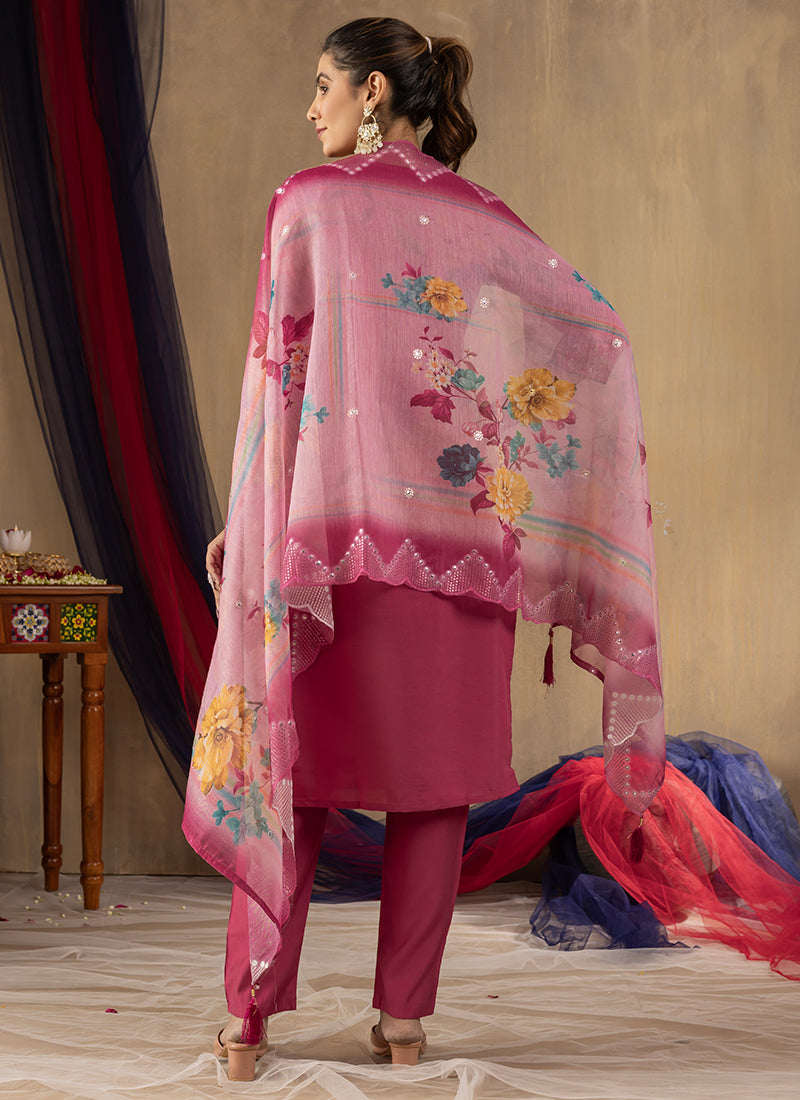 Pink Thread Work Roman Silk Salwar Set For Festive