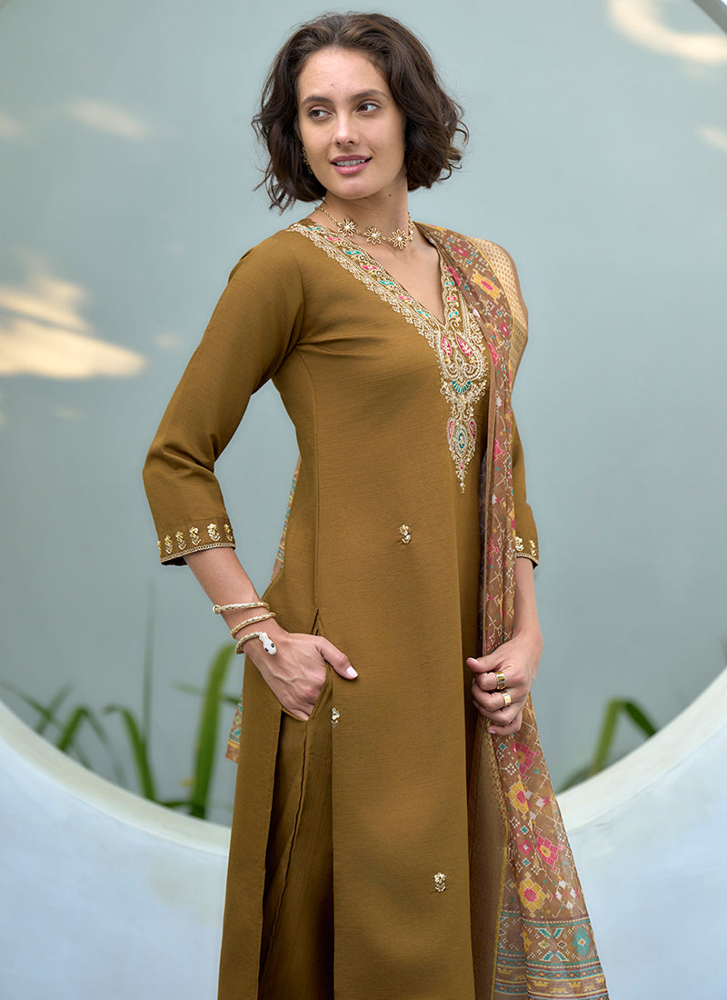 Khaki Yellow Vatican Embroidered Kurta Set With Dupatta