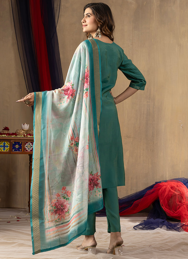 Rama Green Shimmer Silk Embroidered Kurta Set