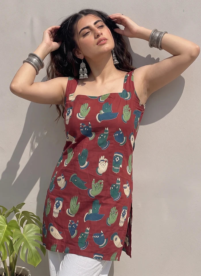 Maroon Cotton Printed Straight-Cut Kurti