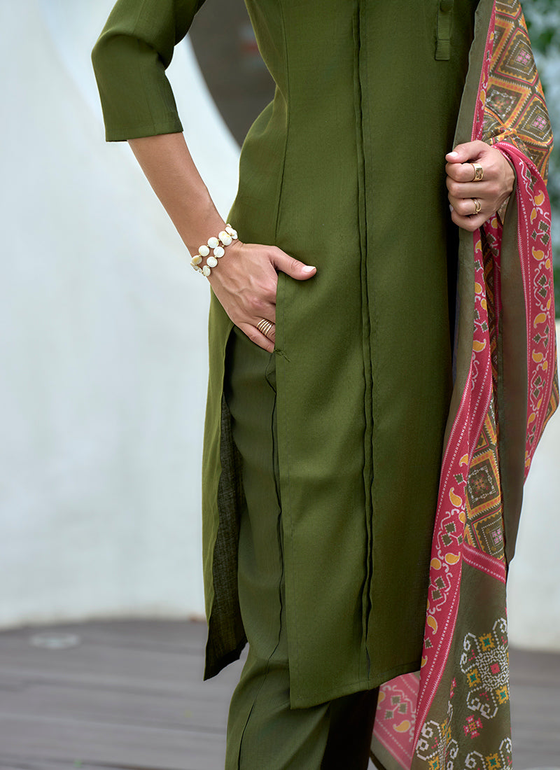 Lively Green Straight Kurta Set With Printed Dupatta