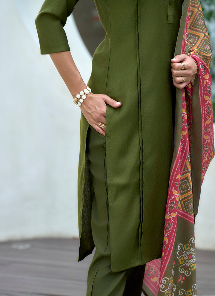 Lively Green Straight Kurta Set With Printed Dupatta