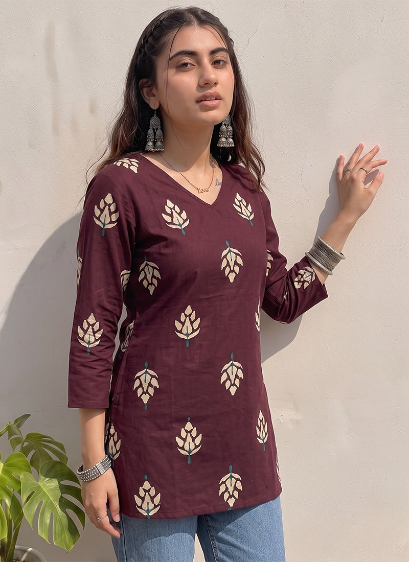Wine Cotton Floral Printed Office Wear Kurti