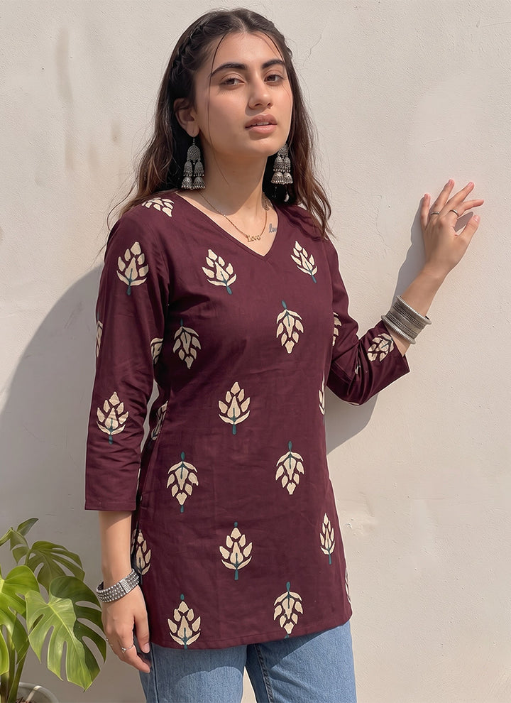 Wine Cotton Floral Printed Office Wear Kurti