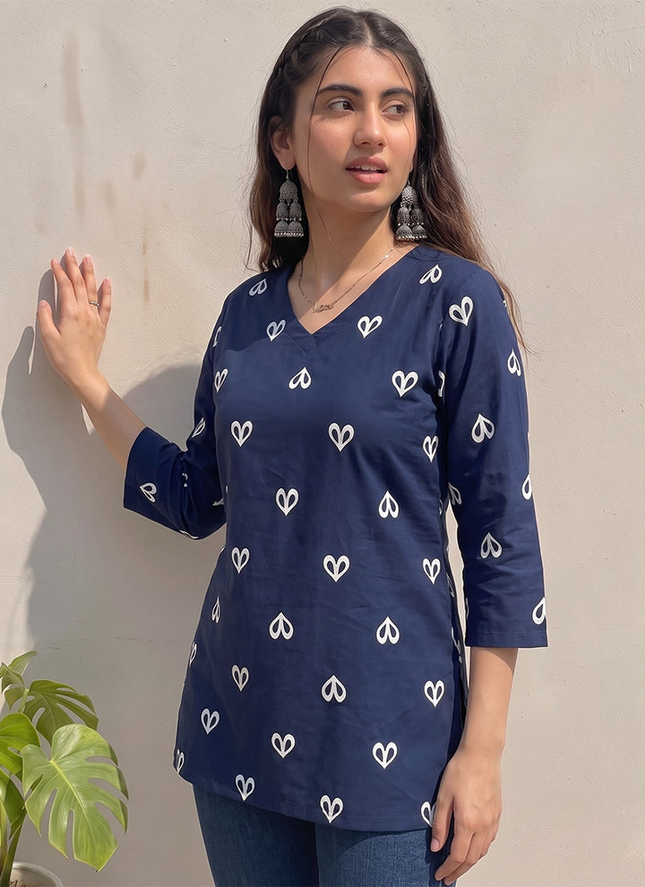 Blue Cotton Printed Office Wear Kurti
