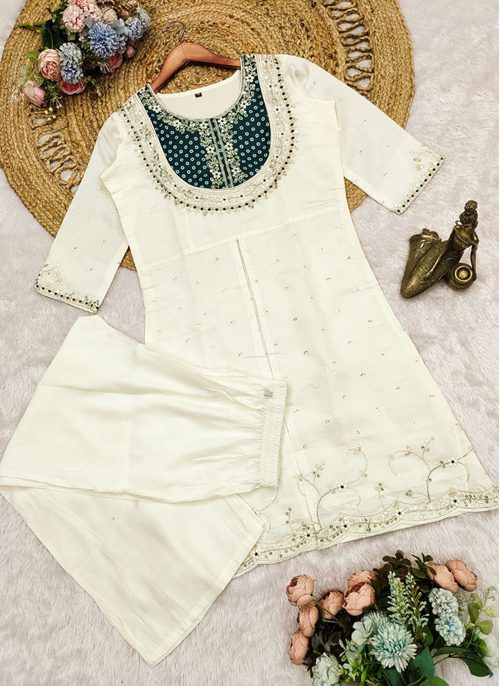 Off White And Green Embroidered Kurta With Palazzo Pant