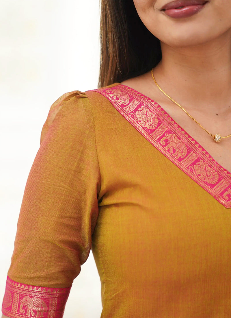 Mustard Kanchi Cotton Woven V-Neck Casual Kurta And Dupatta