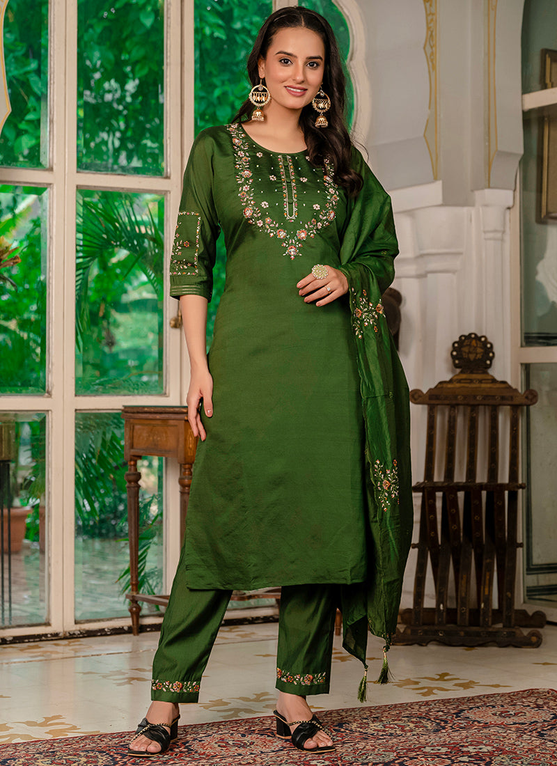 Marina Silk Green Thread Work Festive Kurta Set