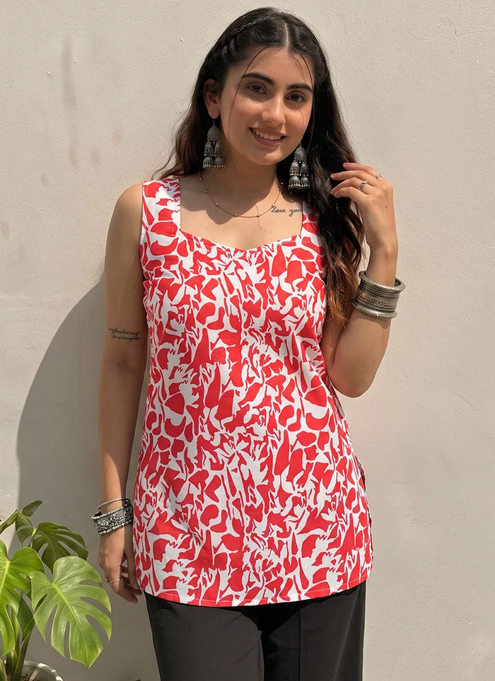 Red And White Cotton Printed Sleeveless Kurti