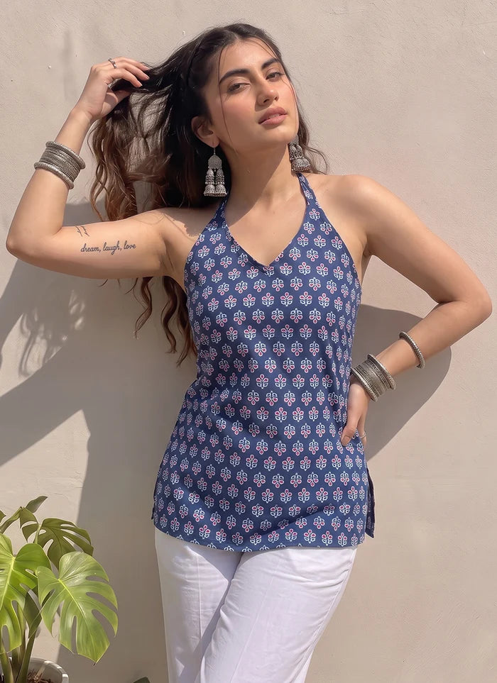 Blue Halter Neck Cotton Printed Outwear Kurti
