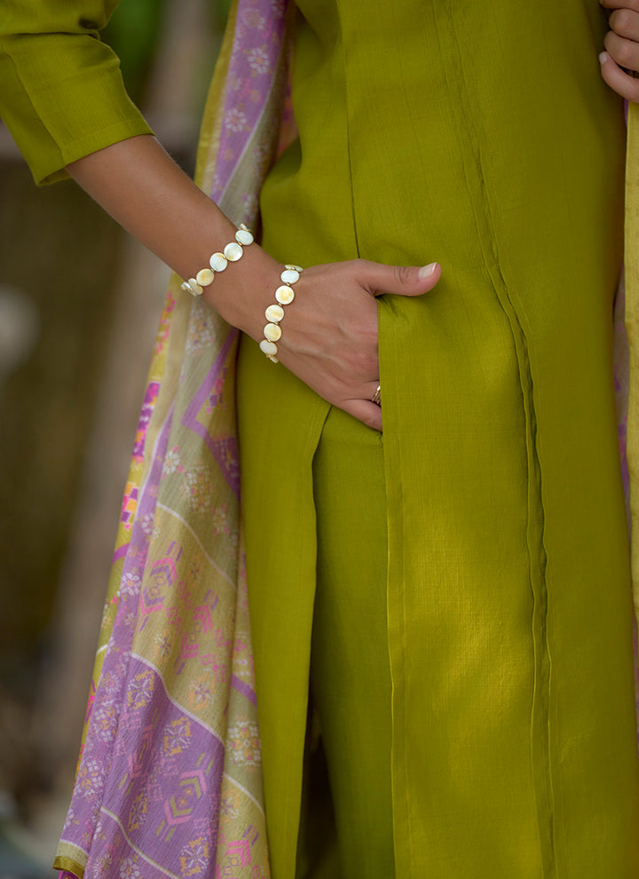 Olive Green Plain Straight Kurta Set With Printed Dupatta