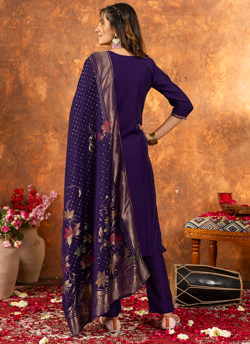 Purple Marina Silk Embroidered Kurta Set