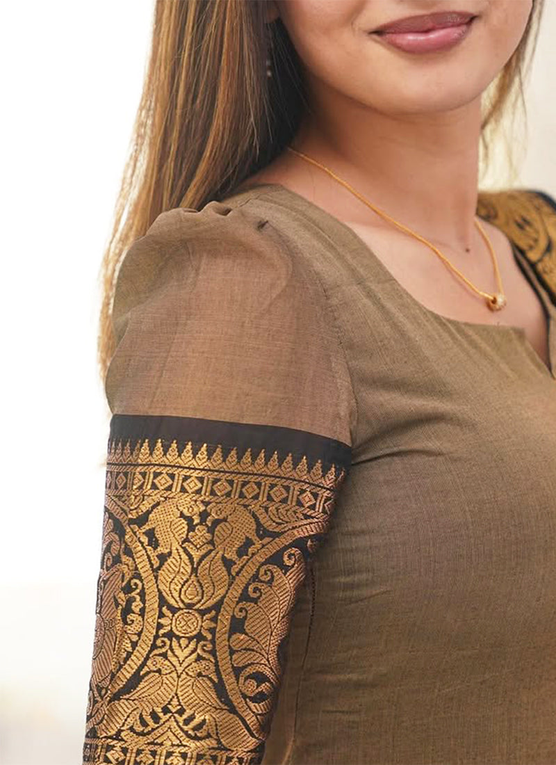 Brown Kanchi Cotton Woven Kurta And Dupatta For Casual Wear
