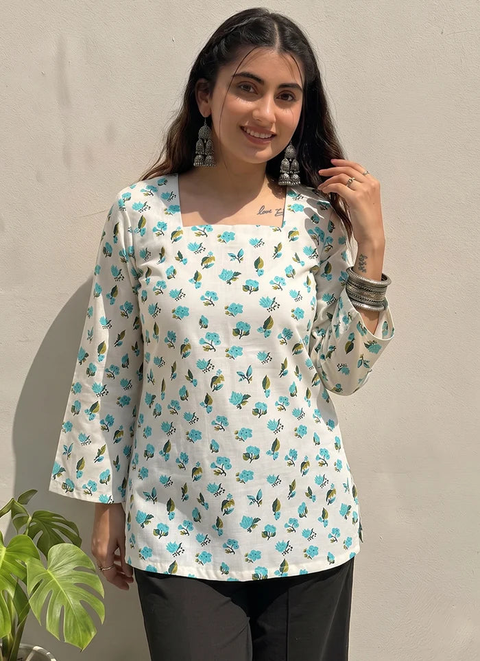 Off White Cotton Printed Office Wear Kurti
