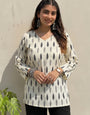 White And Black Cotton Printed V Neck Kurti