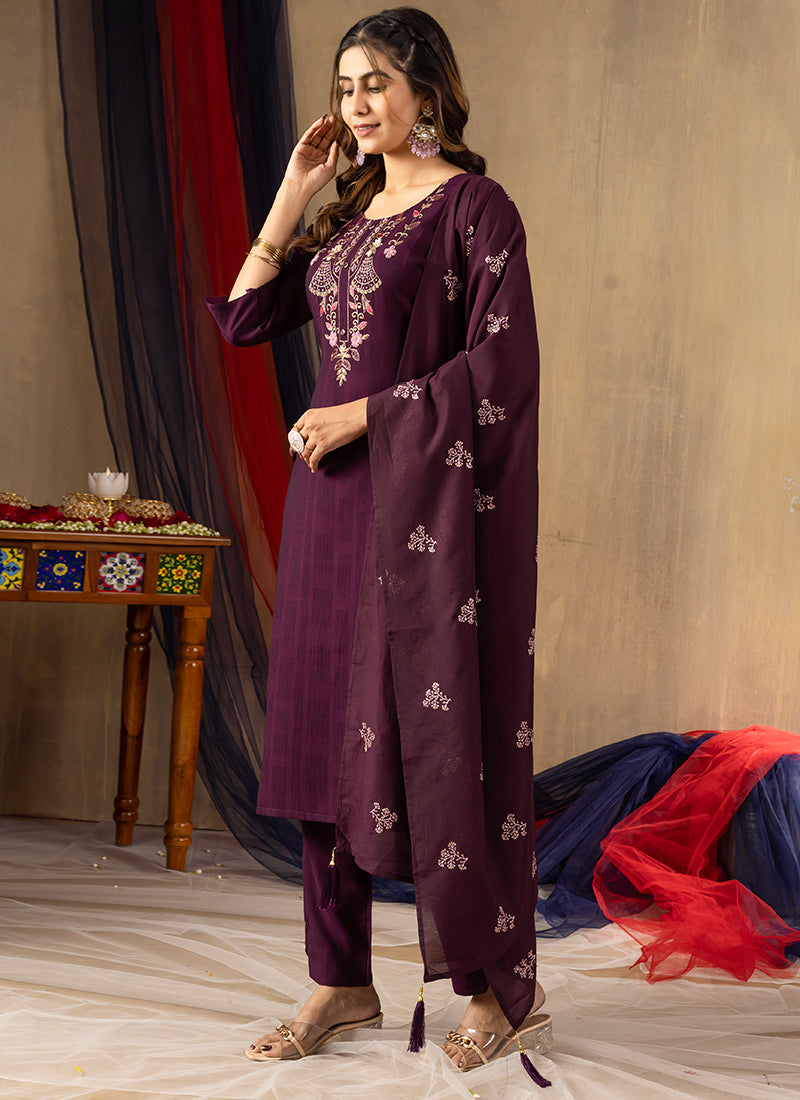 Wine Viscose Thread Embroidered Kurta Set