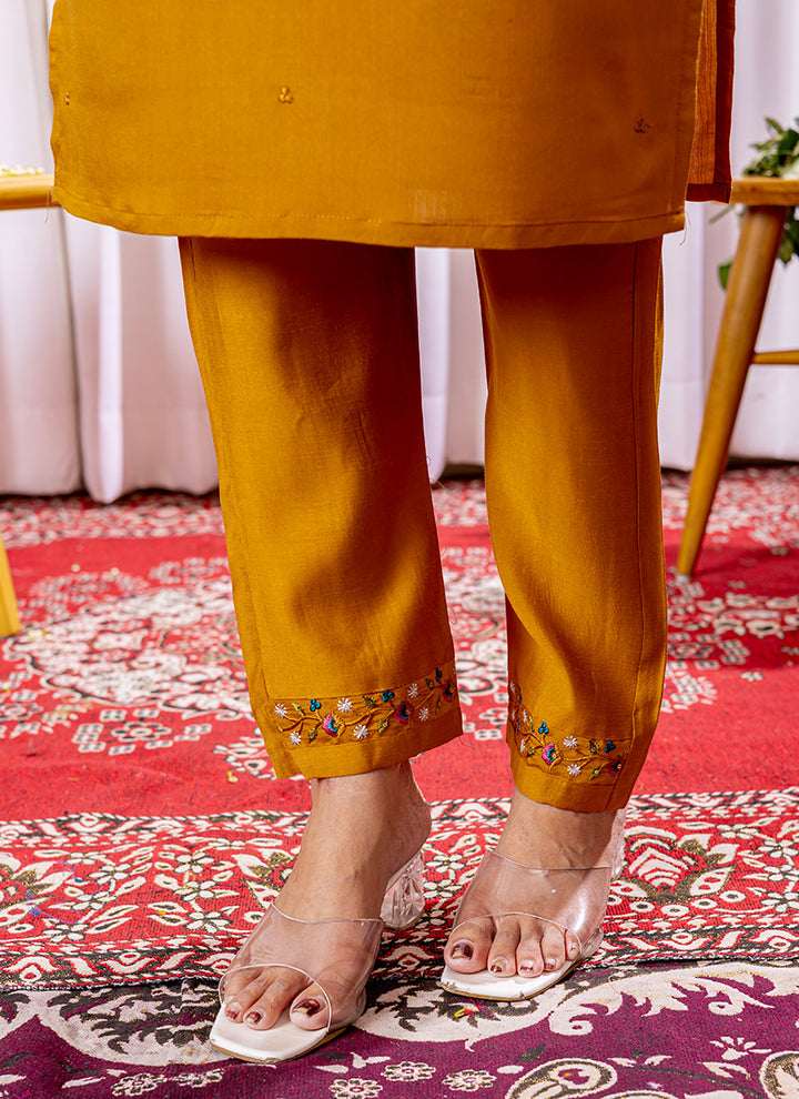 Mustard Thread Work Viscose Silk Kurta Set