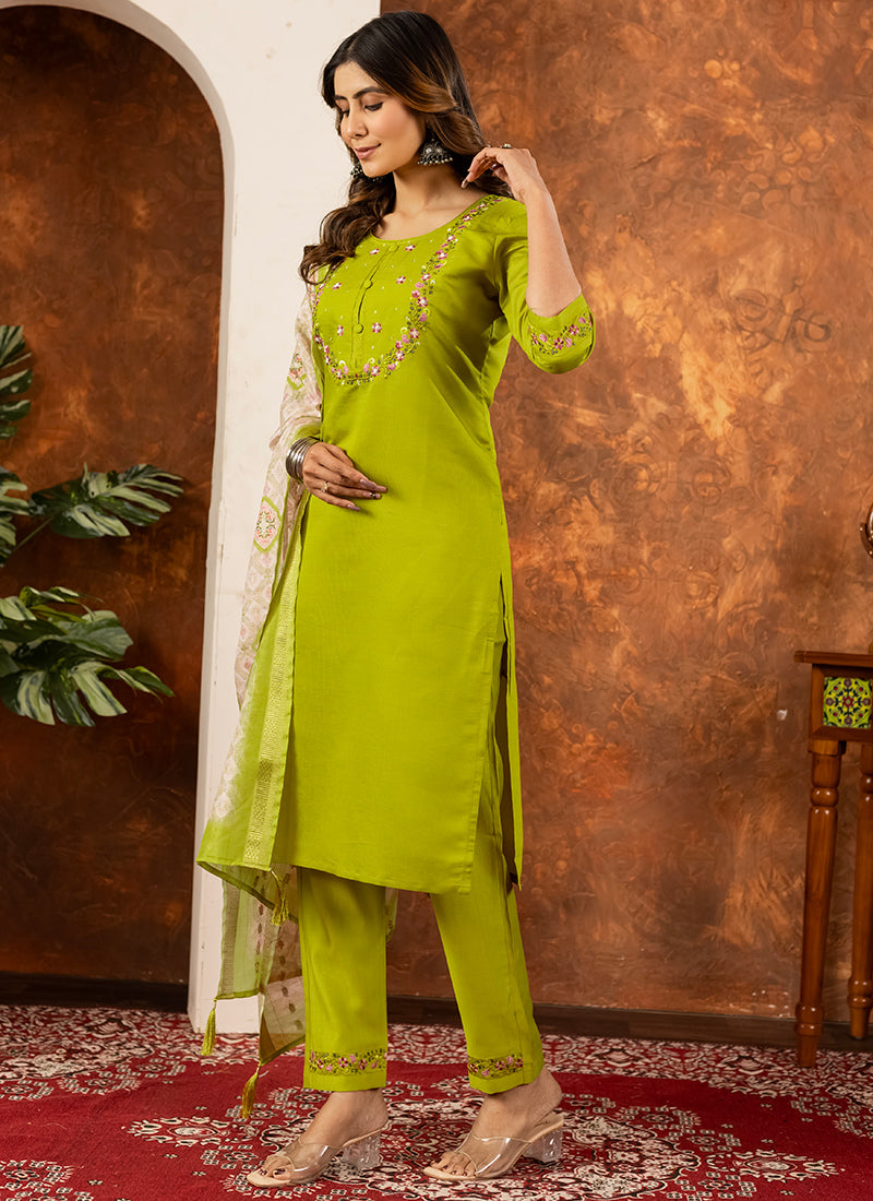 Green Embroidered Marina Silk Kurta Set