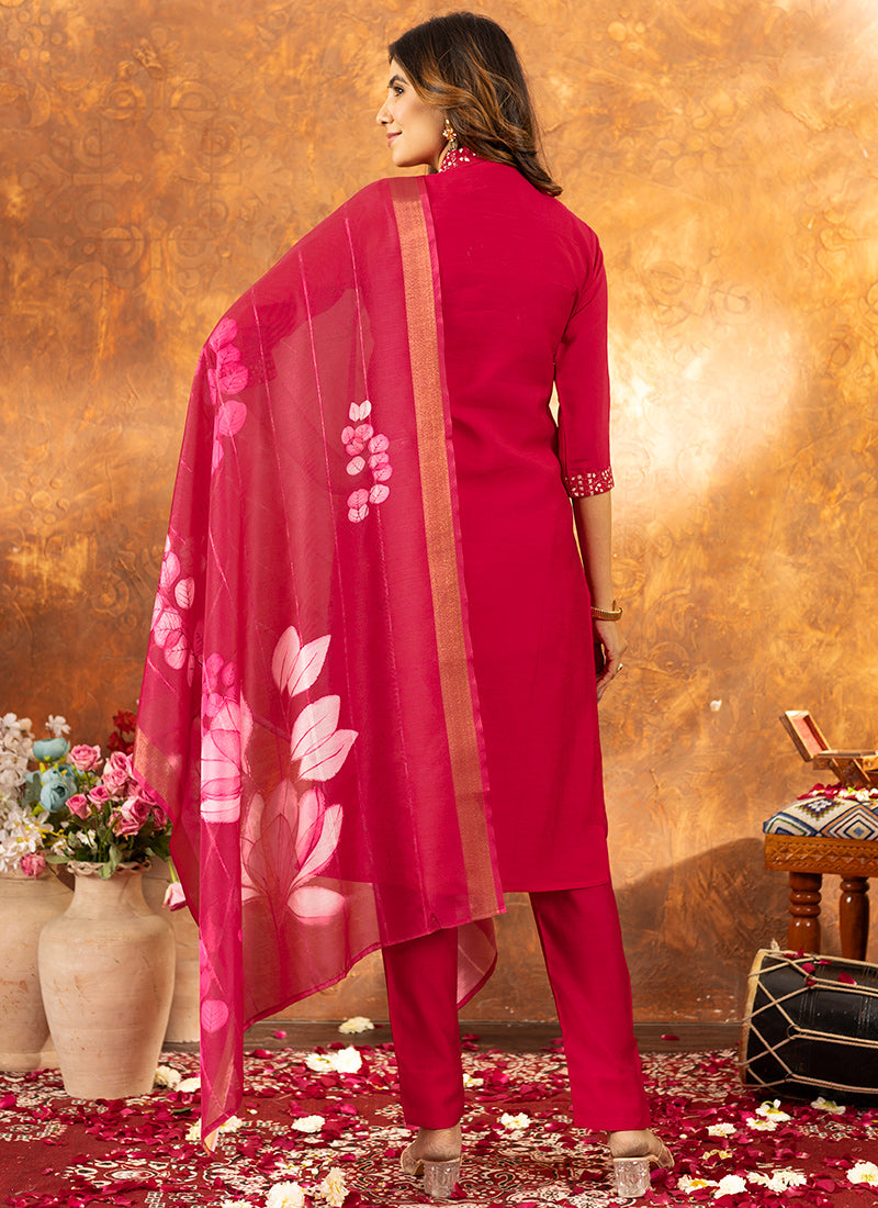 Fuchsia Roman Silk Embroidered Kurta Set For Ceremonial